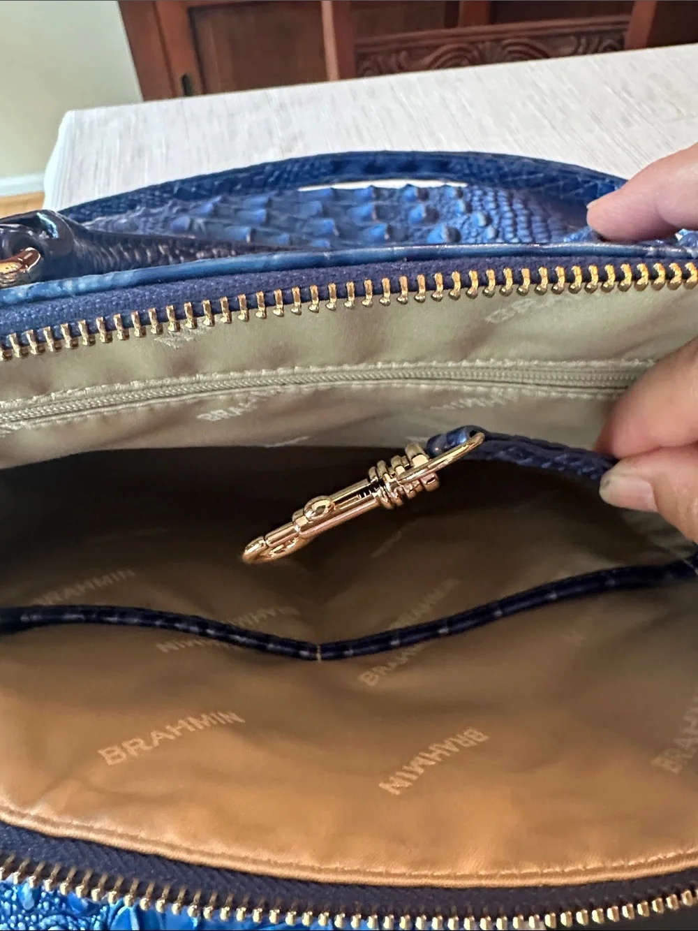 Brahmin large Duxbury blue with silver sheen mixed in  bag&wallet set
